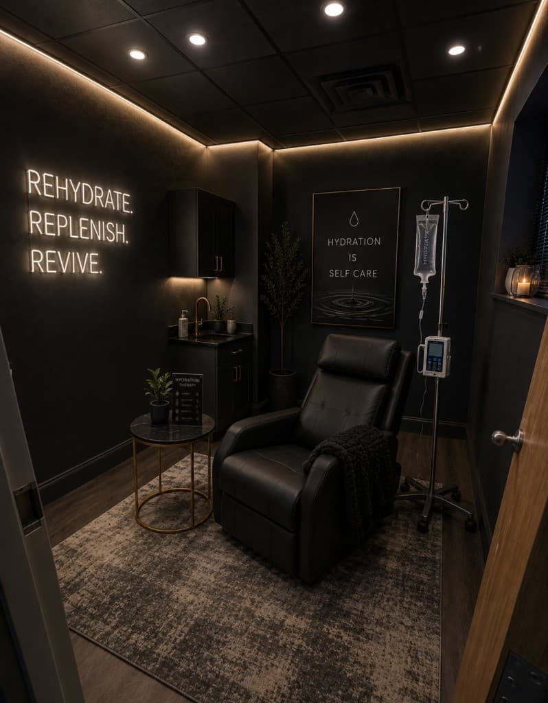 Dark treatment room with gold accents and recliner