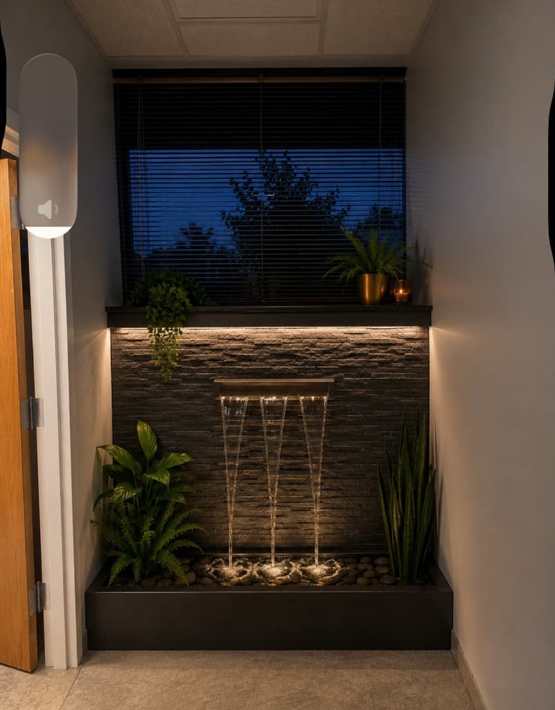 Stone water feature with warm amber lighting at revIVe